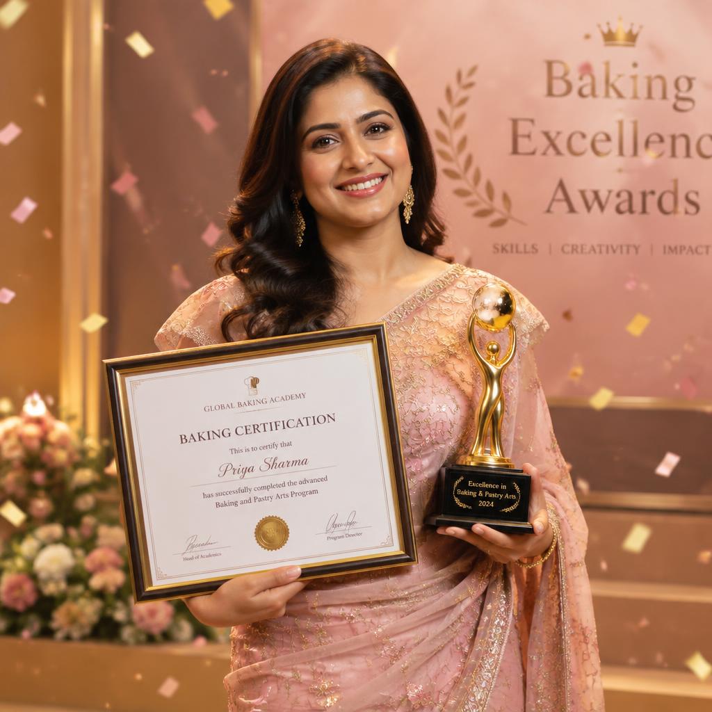 Confident certified baker holding her certificate and trophy