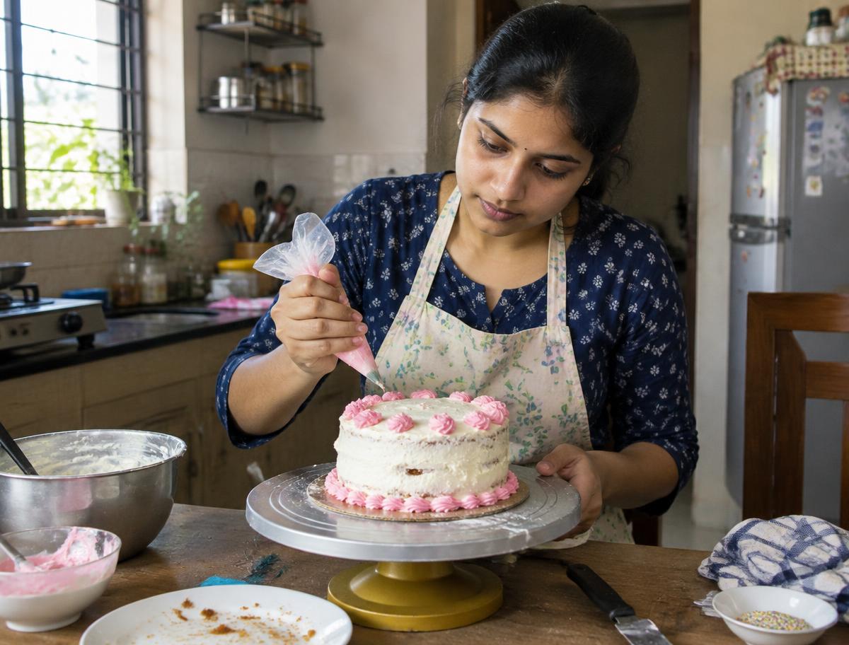 Beginner home baker with a simply decorated cake in her kitchen
