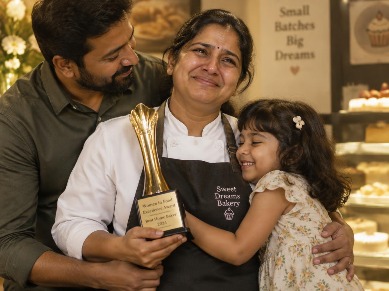 Student celebrating her award with her family