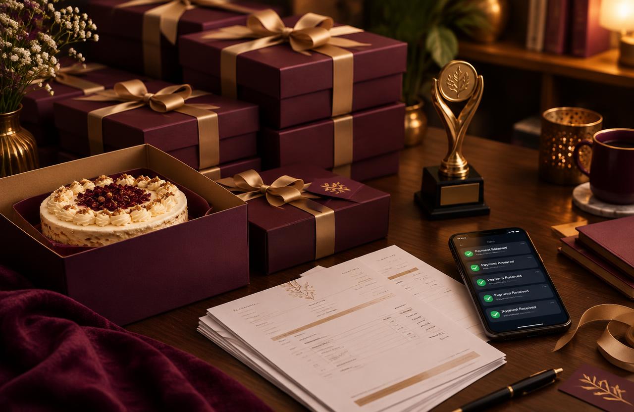 Packed cake boxes, invoices, payment notifications and a trophy
