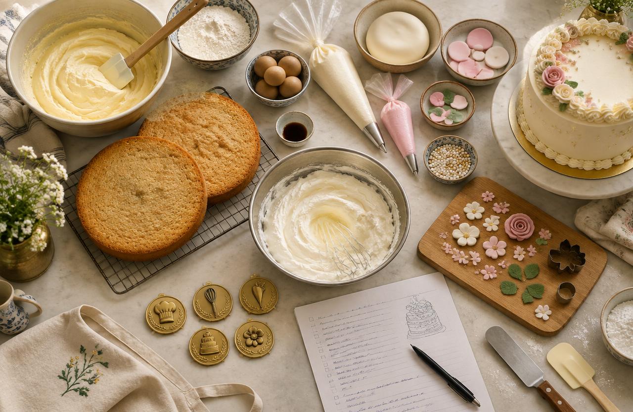 Baking workshop table with mixing bowls, sponges, piping bags, fondant and skill badges